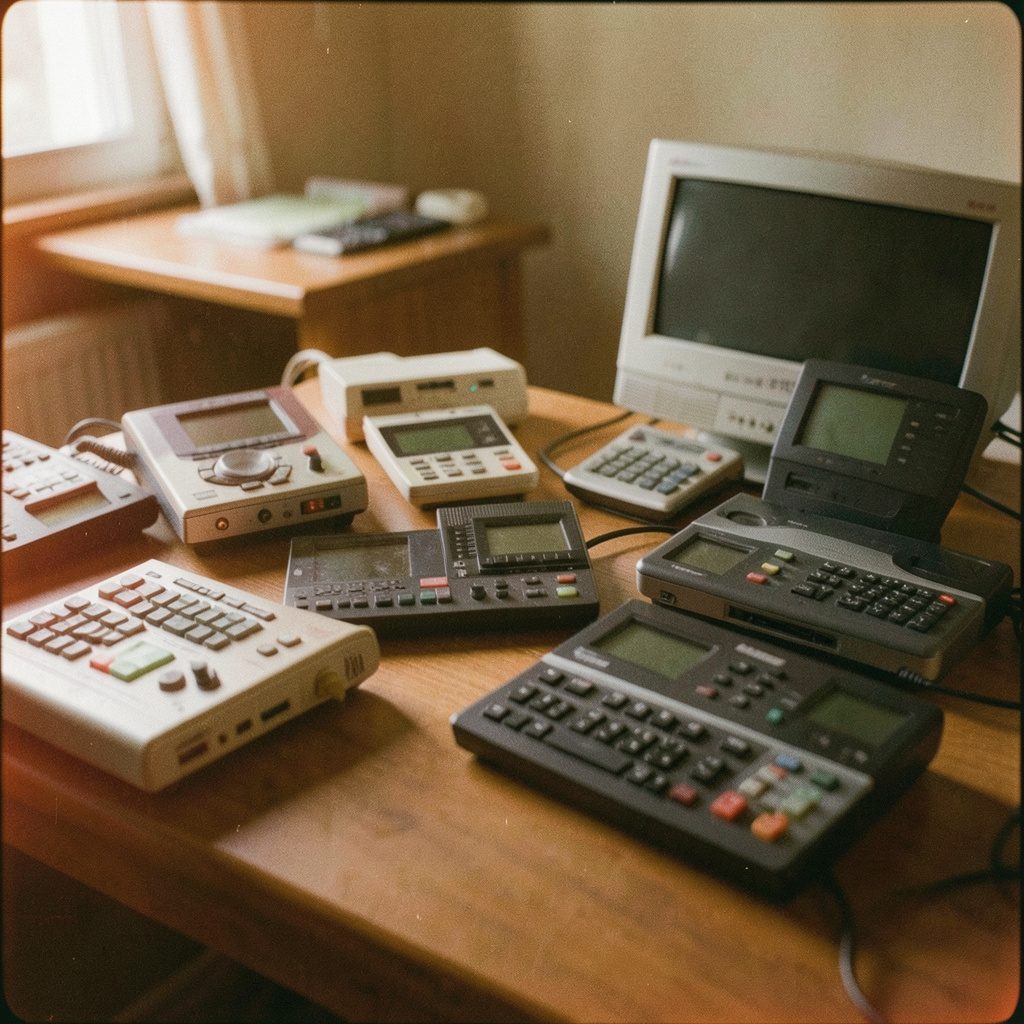 Analog photograph of assorted consumer electronics spread across a wooden desk in warm brown and amber tones, soft natural light, visible film grain, shallow depth of field