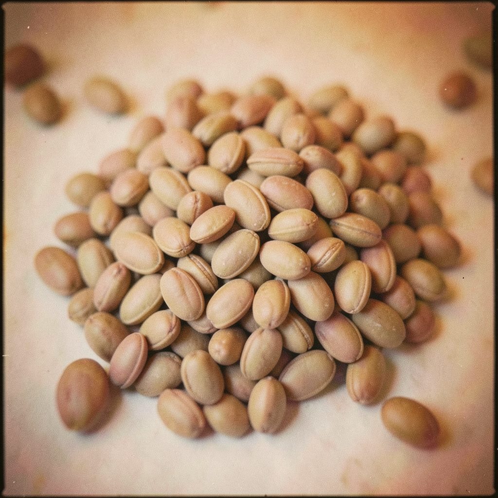 Circular black and white image of scattered nuts and seeds on a linen surface, soft grain, warm greys.